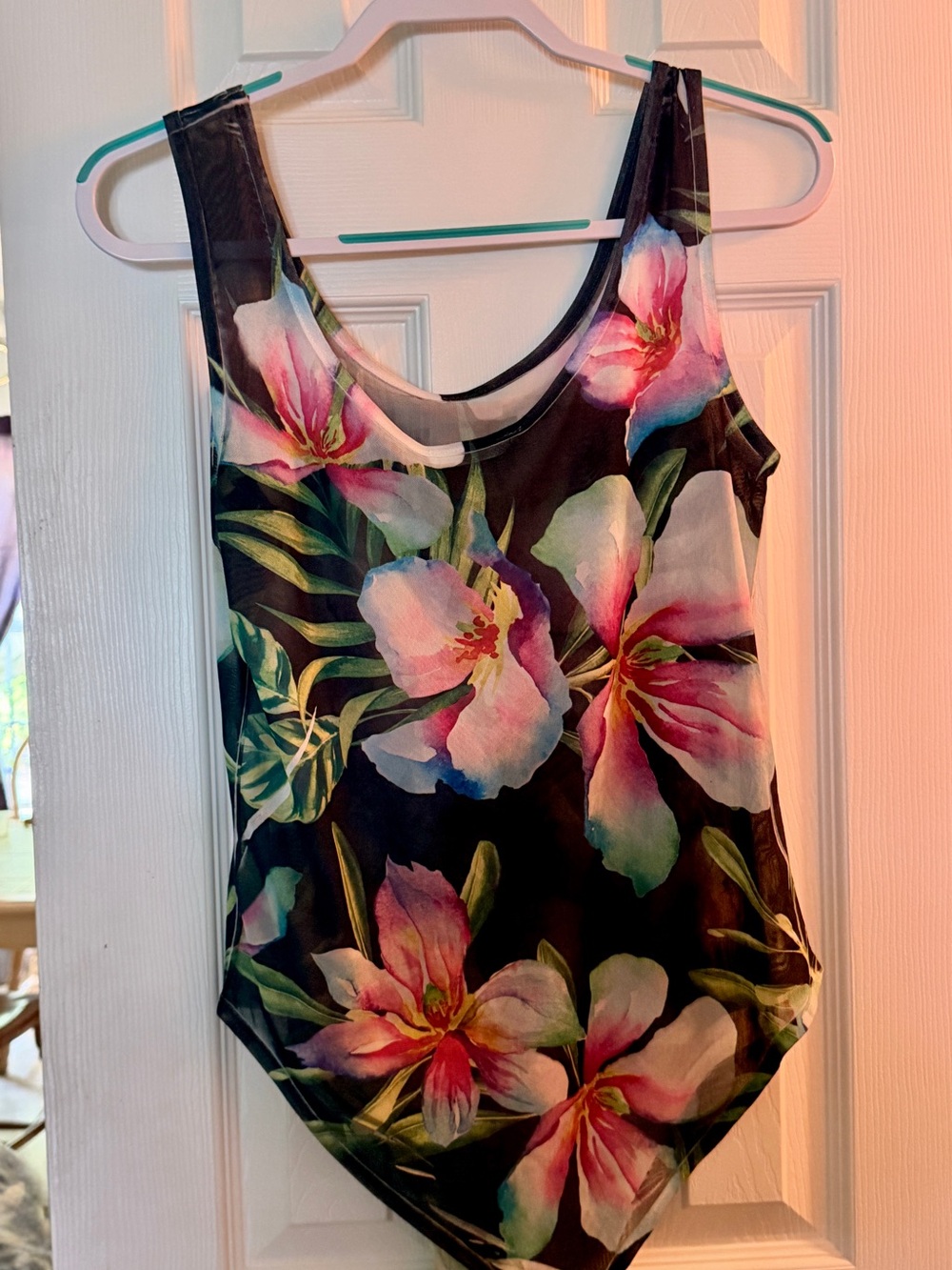 Floral Black One-Piece see thru shirt with Pink & Green Blooms